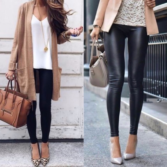 Solid Black matte Mid Waist Vegan leather Leggings - Picture 1 of 4